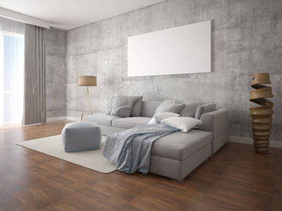 模拟一个宽敞的客厅与时尚的转角沙发和现代的时髦背景