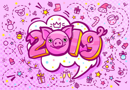 猪是2019年新年的象征。微笑逗人喜爱的猪与2019在粉红色背景的流行艺术风格。向量例证