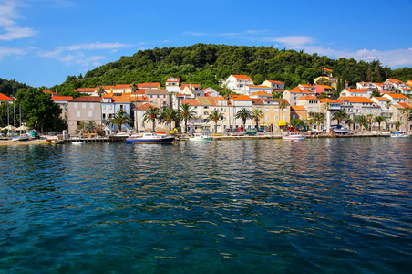 科尔丘拉镇，克罗地亚海滨。科尔丘拉岛是强化的古镇保护的东海岸的科尔丘拉岛
