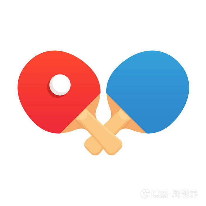 乒乓球挑战会徽与两个交叉乒乓球球拍和球在平面卡通风格矢量插图