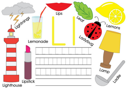 带图片的字母 l 卡和学龄前儿童的写作练习