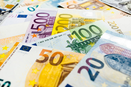 欧元和美国美元钱纸币背景，财富观