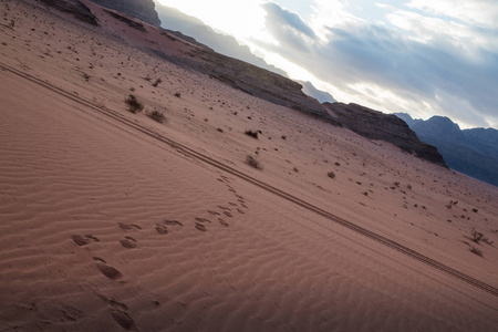 尼斯景观沙和大岩石在干河朗姆酒沙漠在约旦