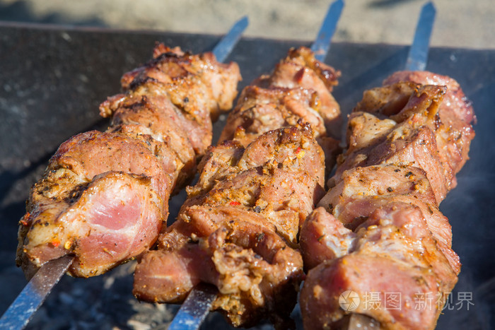开胃热烤羊肉串金属串在晴朗的一天