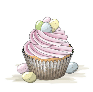 复活节动机, 蛋糕粉红色奶油和小五颜六色的鸡蛋, 插图