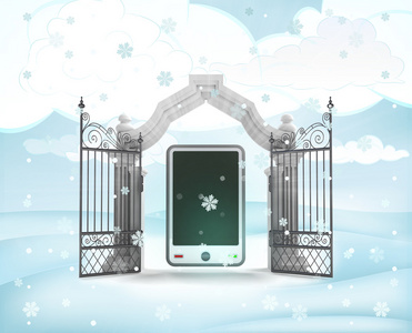 圣诞大门入口与天上的智能手机，在冬季降雪