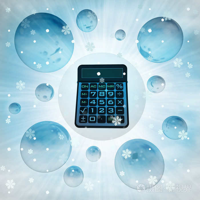 蓝色商务计算器在泡沫在冬季降雪