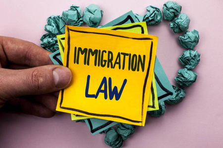 手写文本移民法。概念含义移民驱逐出境规则在人的普通背景上写在纸球上的粘纸条上