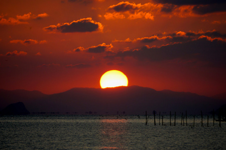 落日的天空和湖面的大太阳