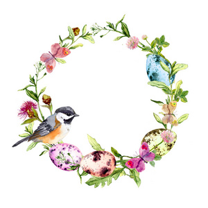 复活节彩蛋花圈，鸟在草和花。圆框。水彩