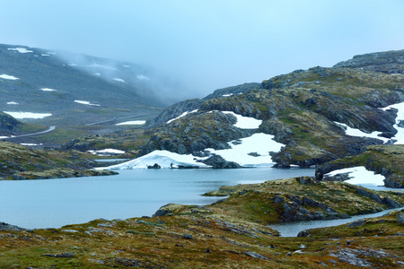 有湖有雪的夏季山挪威
