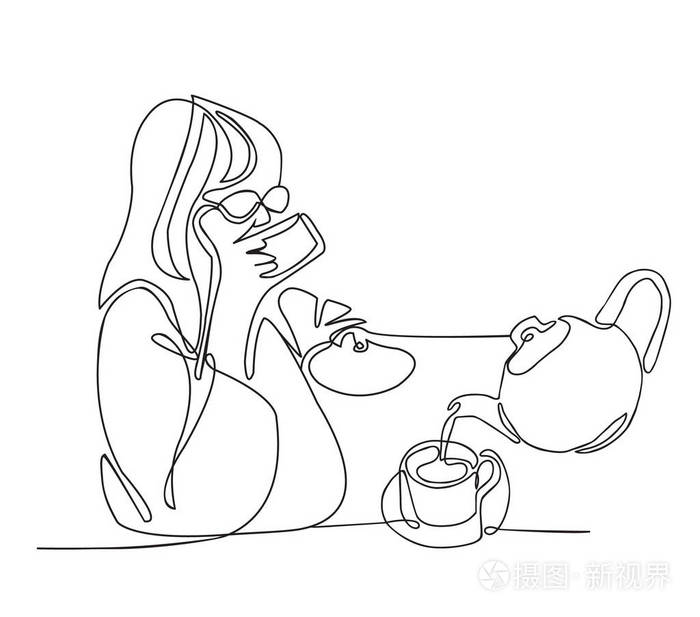女性饮茶的连续画线