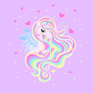 一个美丽的彩虹独角兽, 长鬃毛在粉红色的背景.用于打印t恤等的设计.