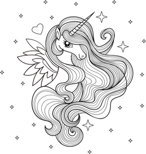 一只美丽的独角兽.黑白相间的.手绘.用于着色, 纹身.向量照片
