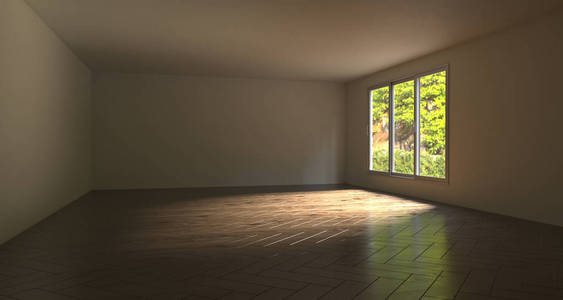 真实的空房间与绿色树外面。3d 渲染