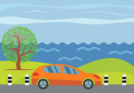 橙色的汽车在道路上与海和绿树的背景。矢量插图