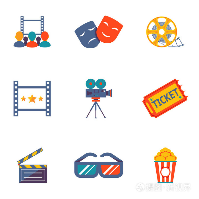 电影院和电影平面图标集
