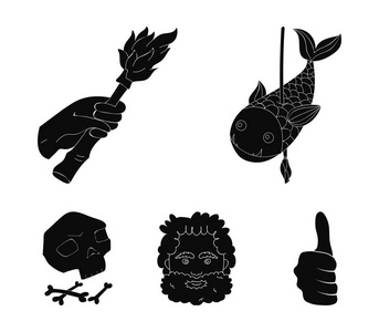 原始的, 鱼, 矛, 火炬。石器时代集图标在黑色风格矢量符号股票插画网站