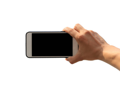 手持智能手机的人的手在白色的 bac 上被隔离