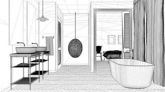 室内设计项目, 黑白墨水素描, 建筑蓝图, 显示现代浴室与浴缸和卧室