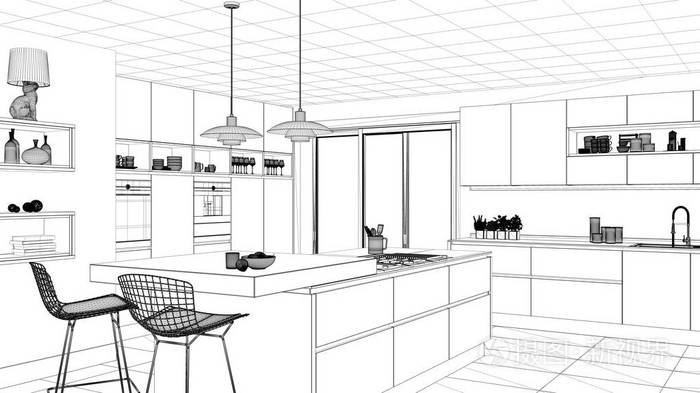 室内设计项目黑白水墨素描建筑蓝图展示现代厨房与海岛