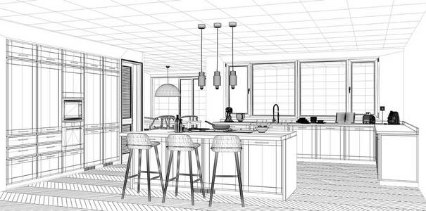 室内设计项目, 黑白墨水素描, 建筑蓝图显示经典厨房与海岛