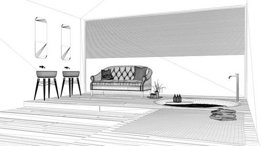 室内设计项目, 黑白水墨素描, 建筑蓝图, 展示经典浴室带沙发