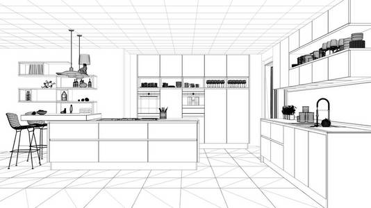 室内设计项目, 黑白水墨素描, 建筑蓝图展示现代厨房与海岛
