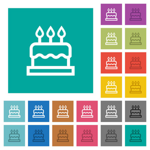生日蛋糕在平原方形背景的多色平面图标。包含悬停或活动效果的白色和深色图标变体