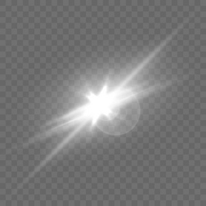 逼真的白色透镜在透明的背景上闪烁着星光和发光的爆裂爆炸。矢量插图