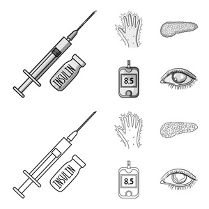 注射器与胰岛素, 胰腺, 嘉, 手糖尿病。型糖尿病集合图标的轮廓, 单色风格矢量符号股票插画网站