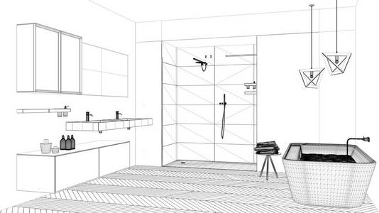 室内设计项目, 黑白墨水素描, 建筑蓝图, 显示现代浴室与浴缸和淋浴