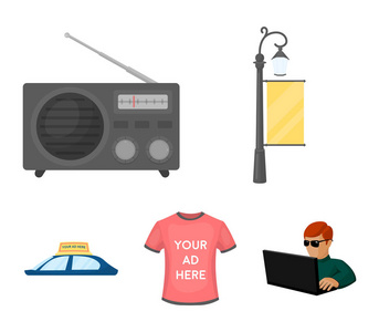 有标志的灯柱, 有铭文的 t恤衫, 收音机, 汽车屋顶。广告, 集合图标在卡通风格矢量符号股票插画网站
