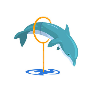 海豚跳跃通过圆环, 海动物在公开执行在海豚馆里媒介例证在白色背景下
