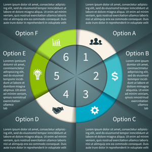 矢量圆图。用于图表 图形 演示文稿和图表的模板。经营理念与 6 选项 零件 步骤或过程。抽象背景