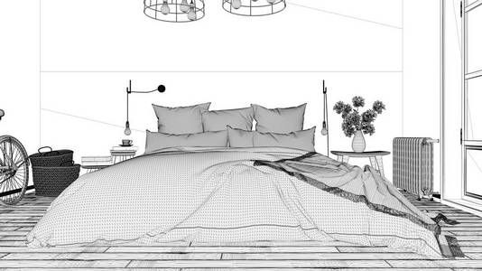 室内设计项目, 黑白墨水素描, 建筑蓝图, 显示斯堪的纳维亚卧室与双人床
