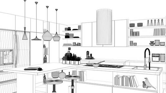 室内设计项目, 黑白水墨素描, 建筑蓝图展示当代厨房与海岛和凳子