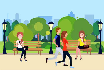 公共城市公园人户外情侣跑步坐木板凳路灯绿色草坪树在城市建筑模板背景平