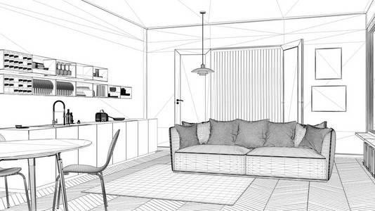 室内设计项目, 黑白水墨素描, 建筑蓝图, 展示当代厨房沙发和地毯