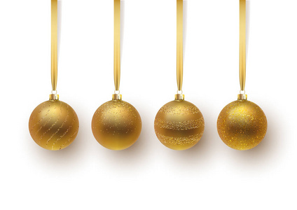 一套金色的圣诞球, 装饰和亮片。在白色背景下被隔离。矢量插图