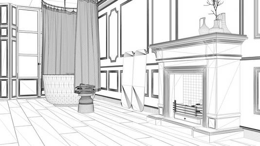 室内设计项目, 黑白水墨素描, 建筑蓝图, 展示经典浴室配有壁炉