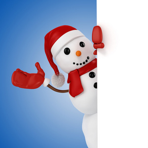 3d 快乐雪人圣诞老人帽子落在蓝色背景上的空白板