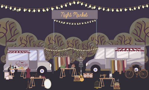 夜市海报与公园和购物街, 卡通平面设计.可编辑矢量插图照片