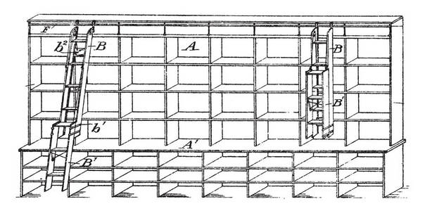 此插图表示 Bifolding 商店梯子, 提供垂直滑动延伸, 复古线条画或雕刻插图