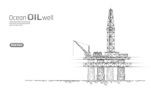 海洋石油天然气钻机低聚经营理念。财政经济多边形汽油生产。石油燃料工业近海萃取井架线连接点白色矢量图