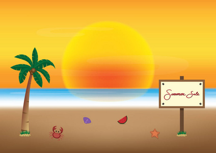 夏季促销季节与板和海海滩背景