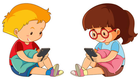 的男孩卡通坐在玩手机小男孩玩手机男孩和女孩玩手机新房子里的孩子们