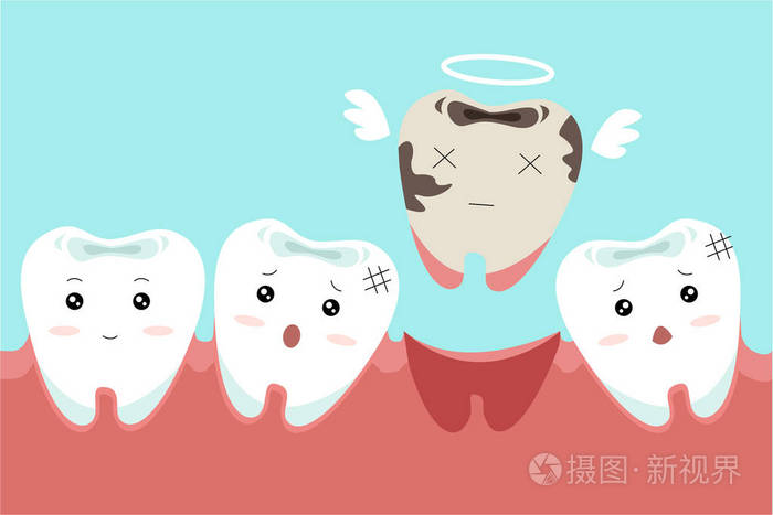 牙齿缺牙卡通.可爱的卡通牙科护理概念.在蓝色背景上隔离的插图