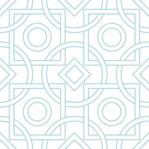 白色和蓝色的几何装饰品。网络纺织品和墙纸无缝模式