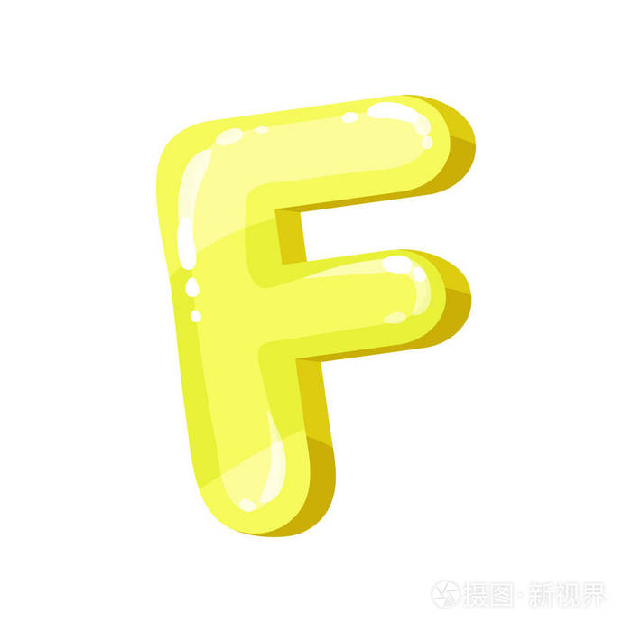 f 黄色光泽明亮的英文字母, 儿童字体矢量插图在白色背景上